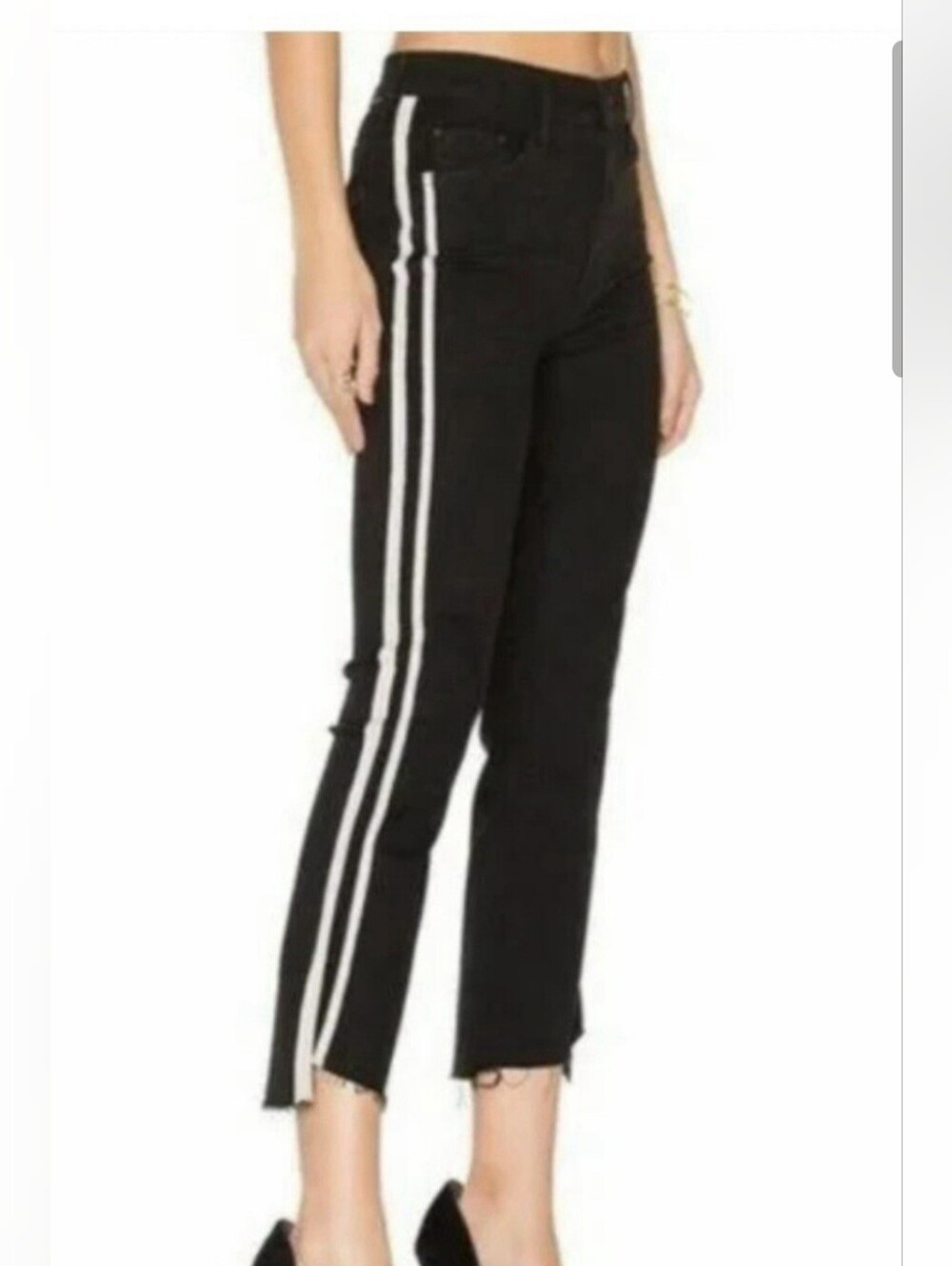 MOTHER Step Fray Insider Crop JEANS Guilty Racer Black White Stripe